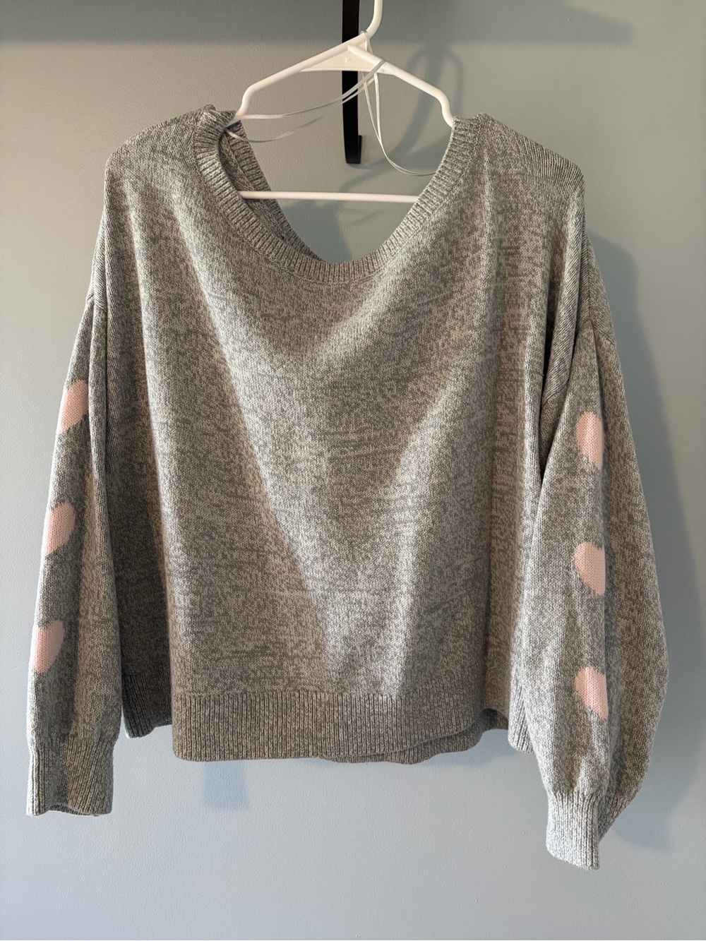 Hollister Gray Scoop-Neck Sweater with Pink Heart Sleeves